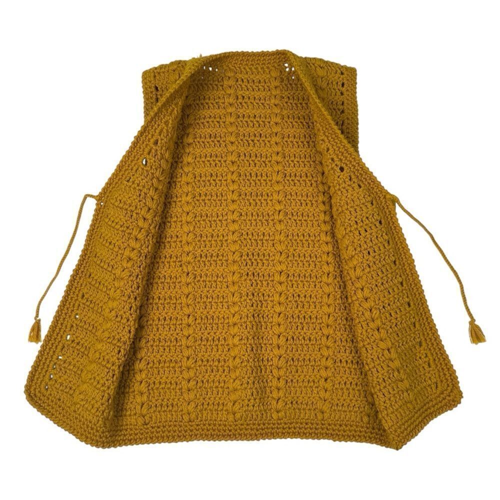 Vintage Handmade Crochet Vest Mustard Yellow Boho Tie Front - Picture 2 of 3